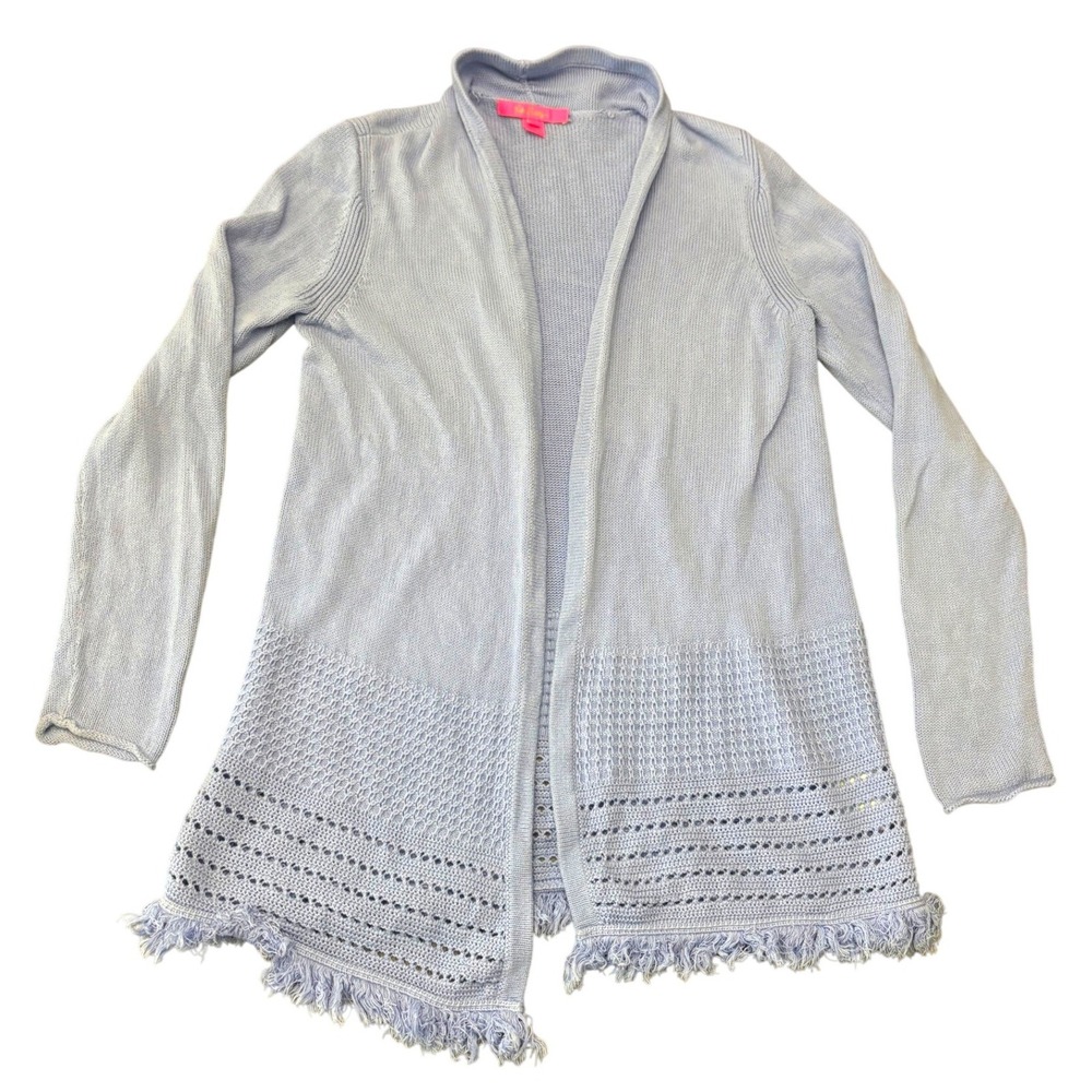Lilly Pulitzer Open Front Cardigan Womens Medium Lilac Cotton Fringe Hem Sweater